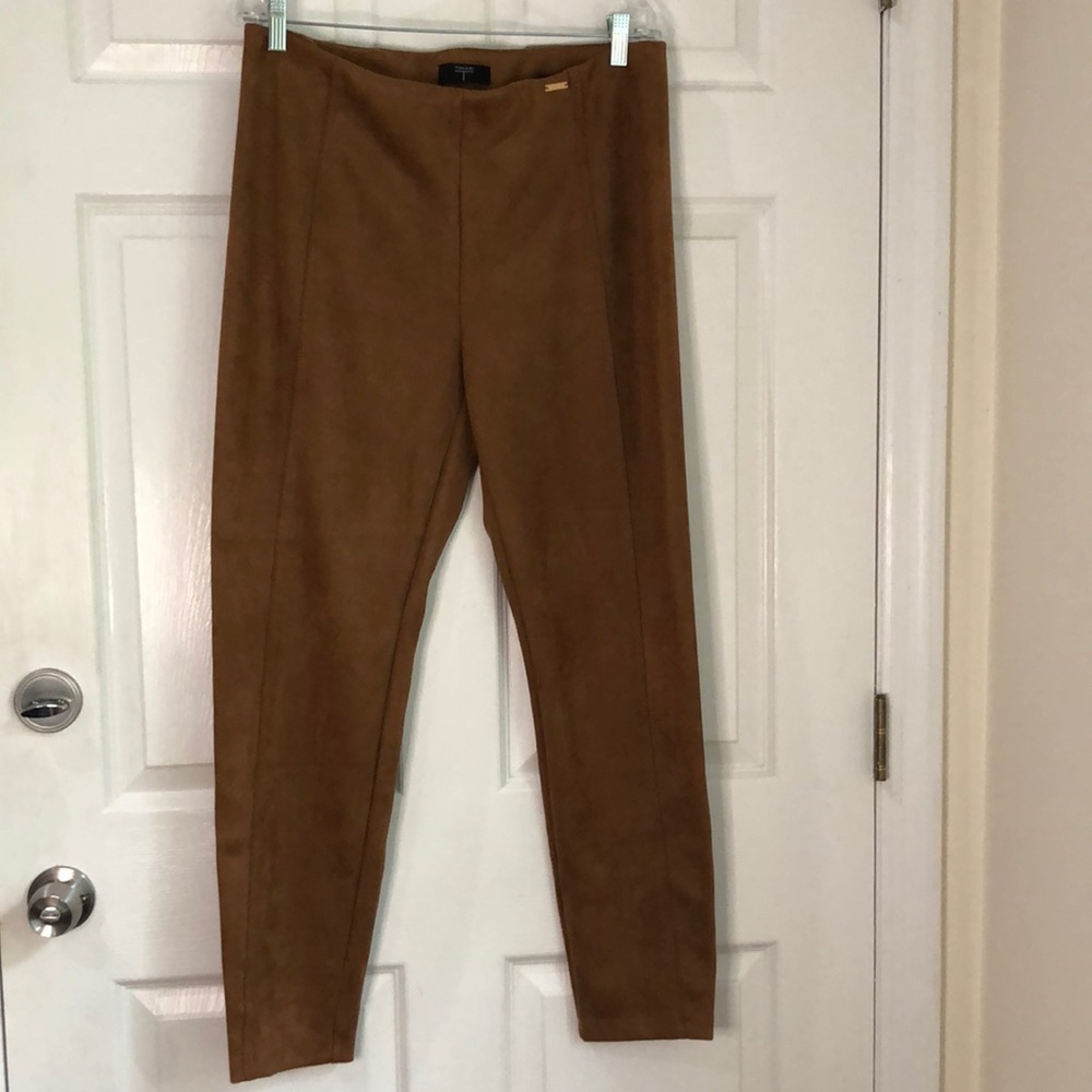 T by TAHARI cognac brown faux leather pull on pant size 6 faux suede pants